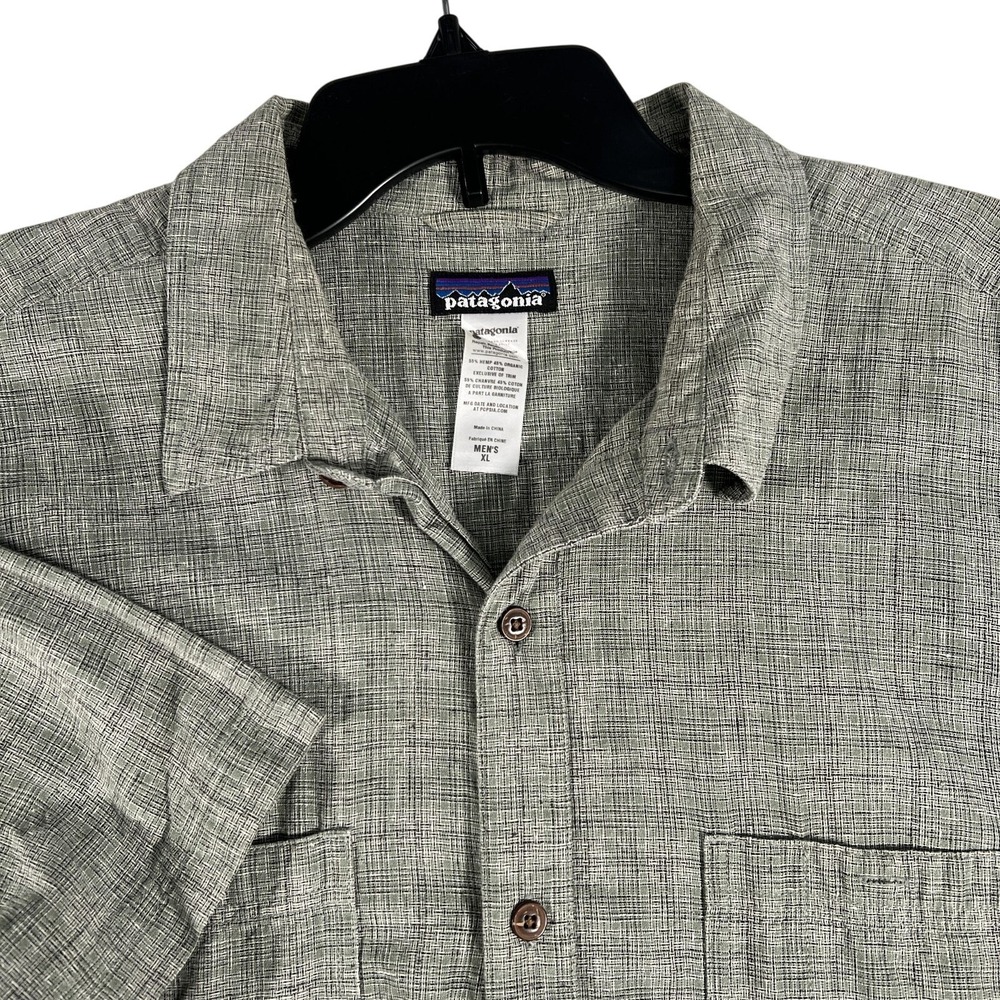 Patagonia Camp‎ Shirt Mens XL Gray Hemp Organic Cotton Short Sleeve Button Up